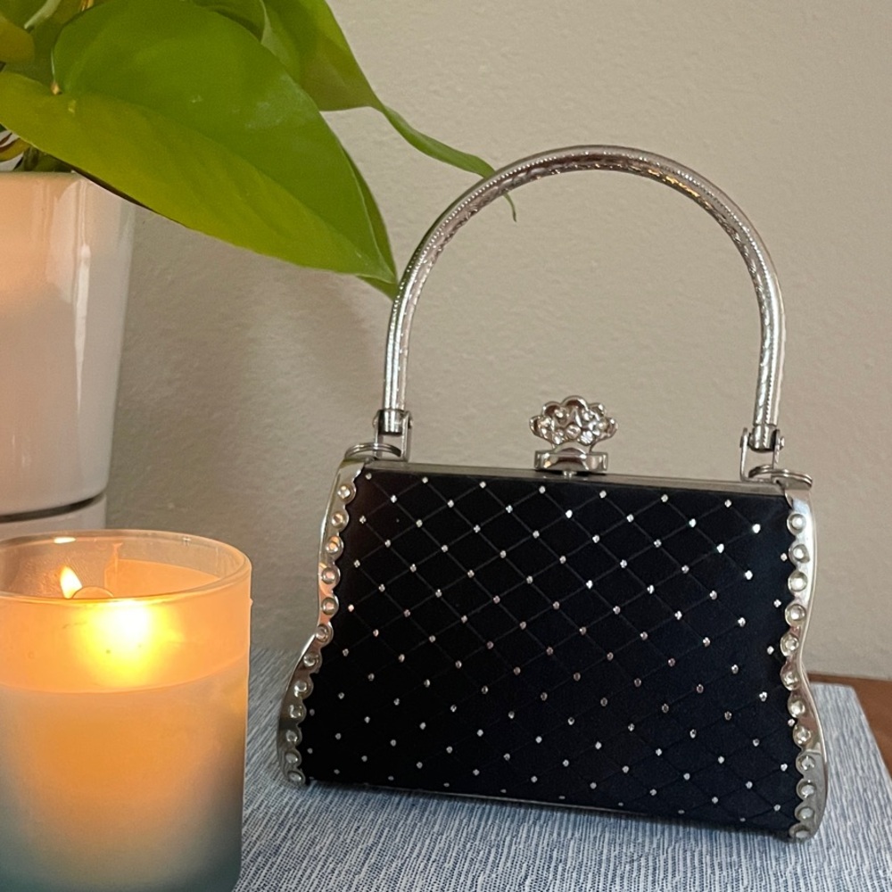 Elegant Black Satin Evening Bag with Silver Rhinestone Accents – Mini, 6.5"x4.5"